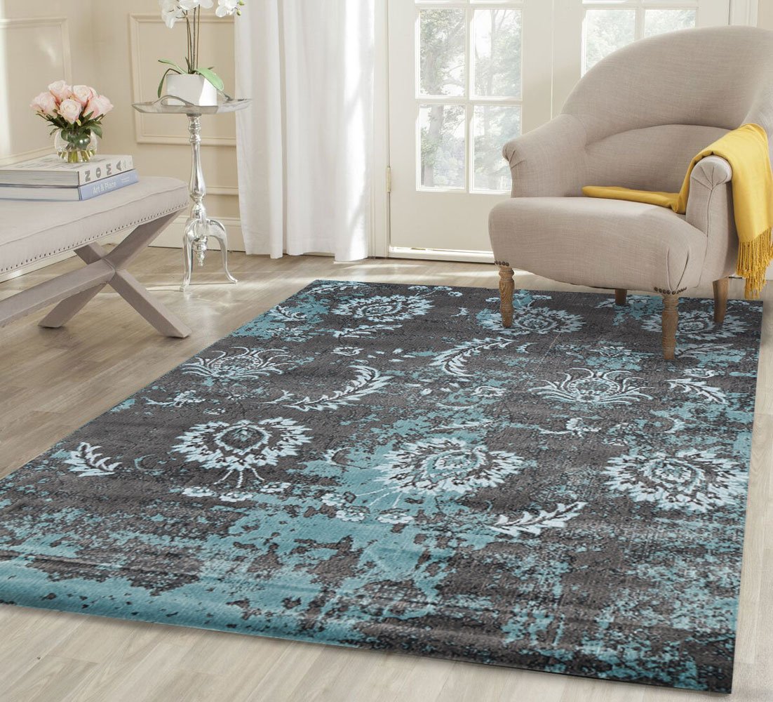 Eleanor Grey Blue Floral Pattern Rug