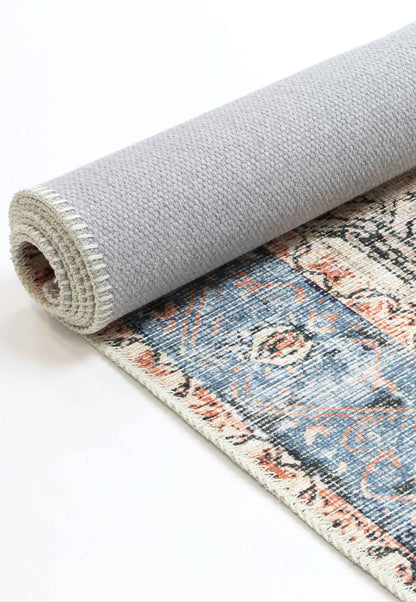 Distressed Vintage Cezanne Terracotta Blue Washable Runner - VITAL 1610-01