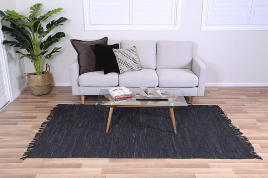 Metro Black Modern Leather Rug