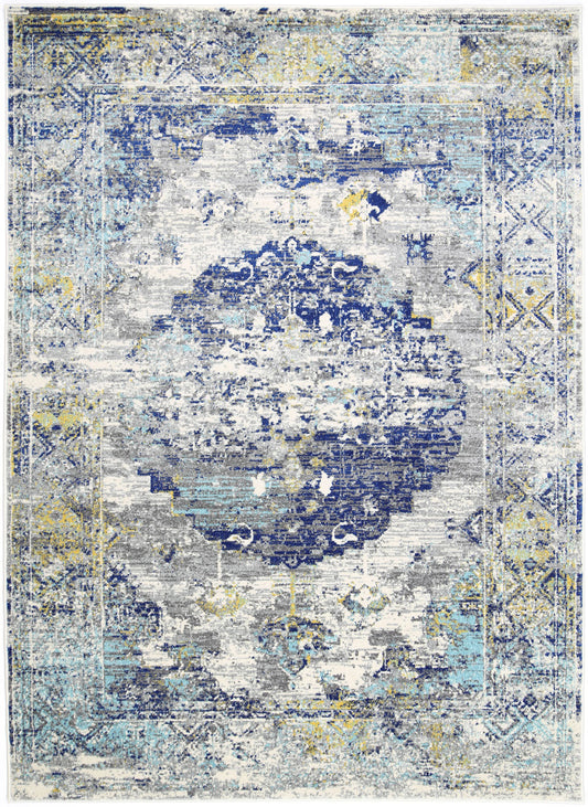 Graceful Faded Blue and Yellow Rug