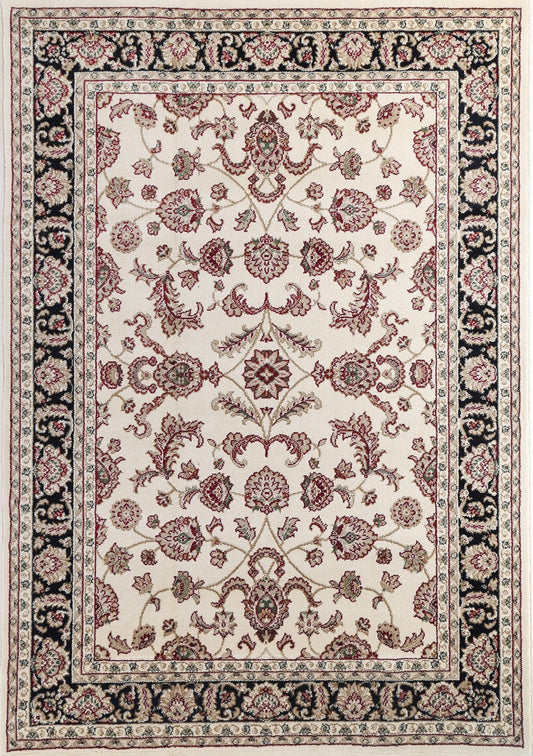 Ornate Cream and Black Traditional Bordered Ikat Rug