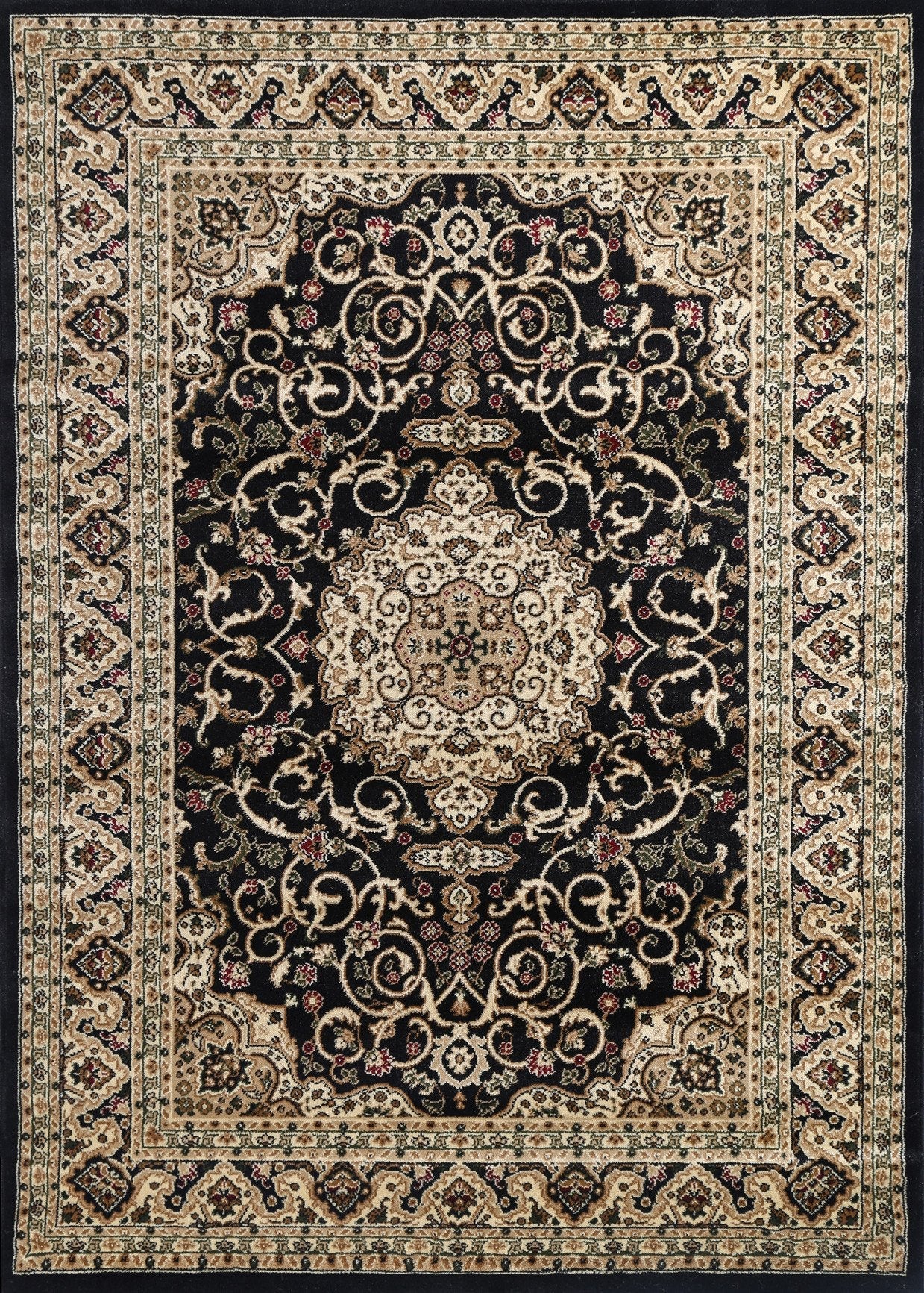 Ornate Black Bordered Traditional Flowered Rug