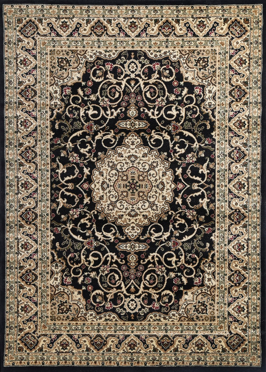 Ornate Black Bordered Traditional Flowered Rug