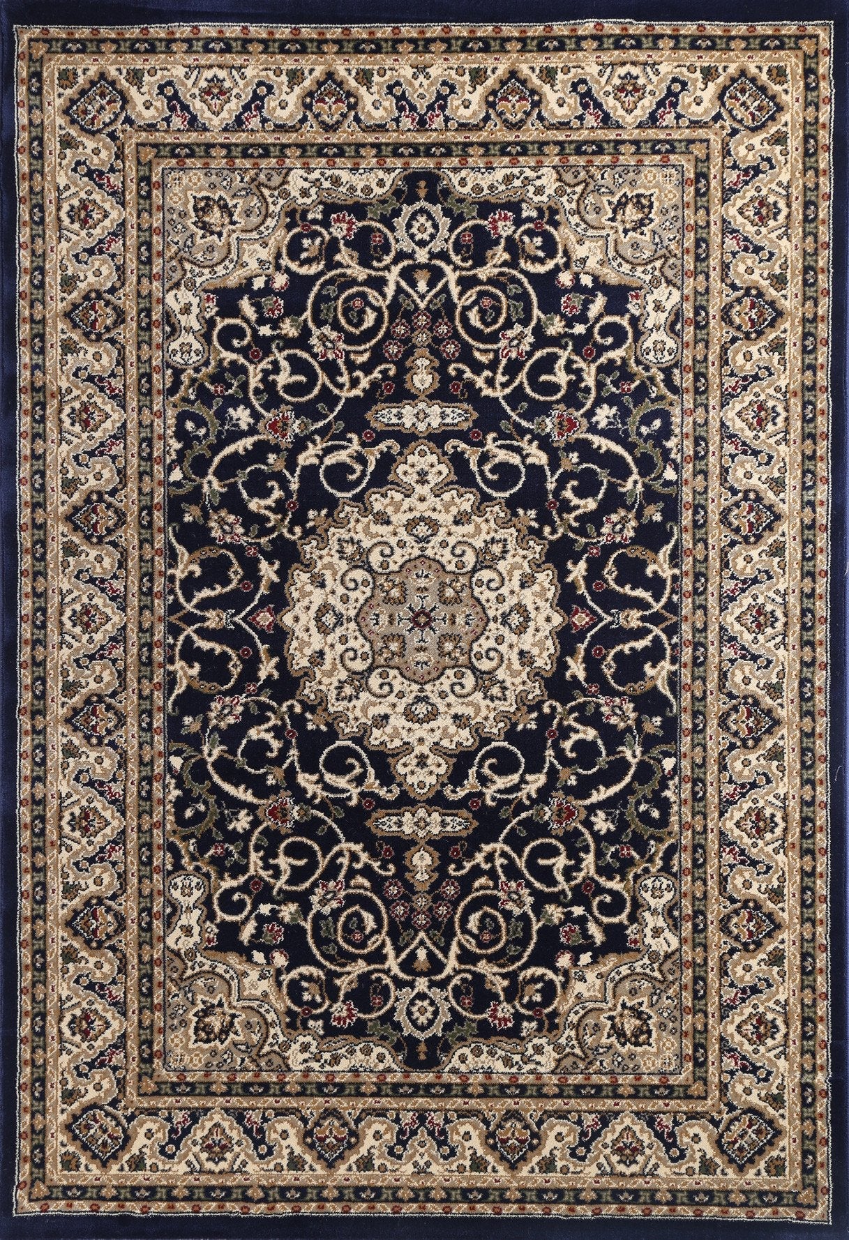 Ornate Navy Blue Bordered Traditional Flowered Rug